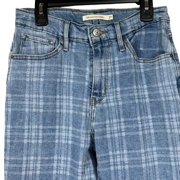 Levi’s 721 SZ 27 High-Rise Skinny Jeans Plaid Stretch Zip-Fly Pockets Blue Women - Picture 2 of 12